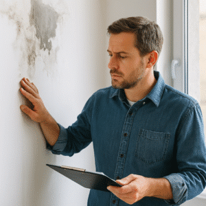 איתור נזקי רטיבות - גבר עומד ליד קיר עם רטיבות וקלסר בידו