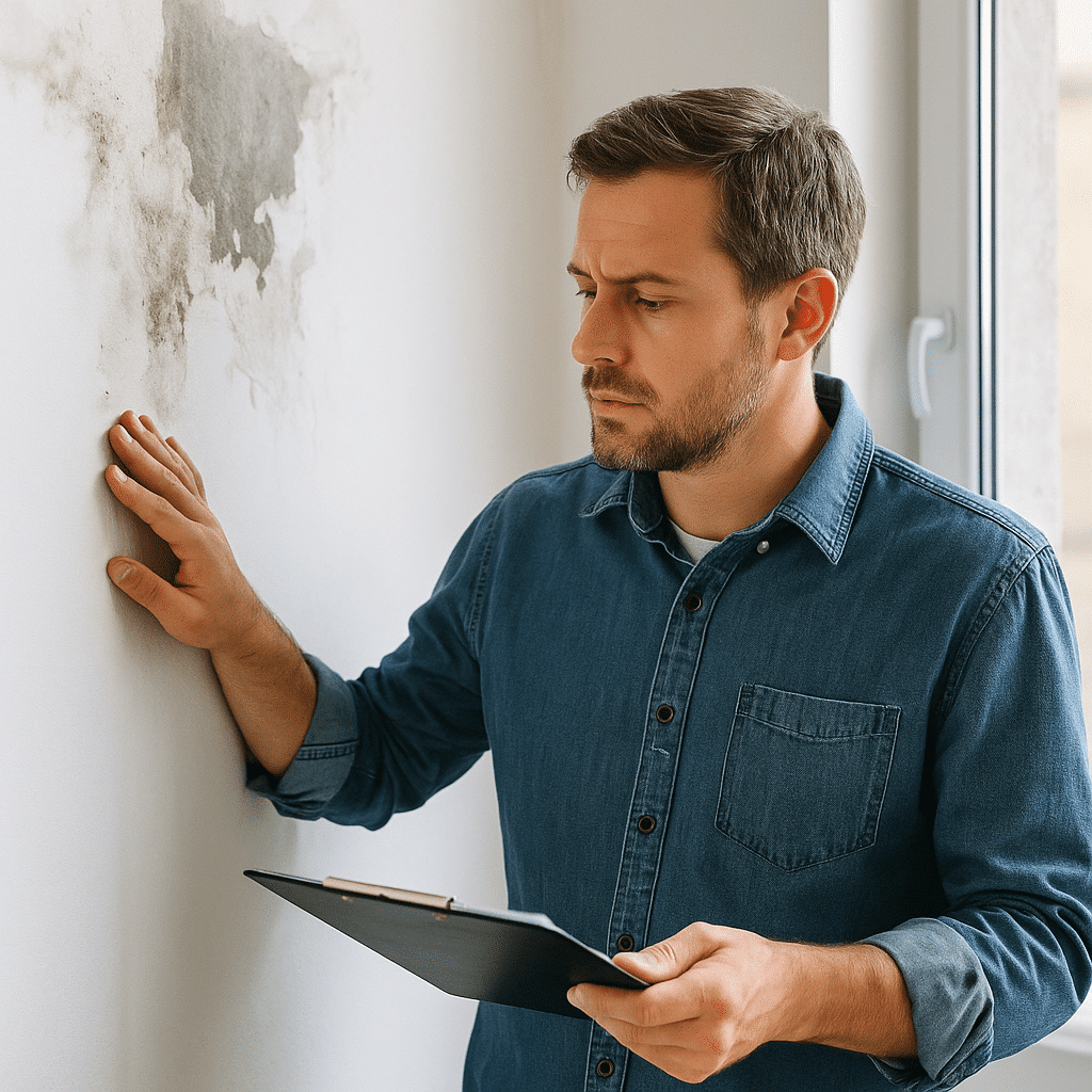 איתור נזקי רטיבות - גבר עומד ליד קיר עם רטיבות וקלסר בידו