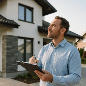 אריכות חיים של נכס - גבר עומד ליד בית עם קלסר בידו