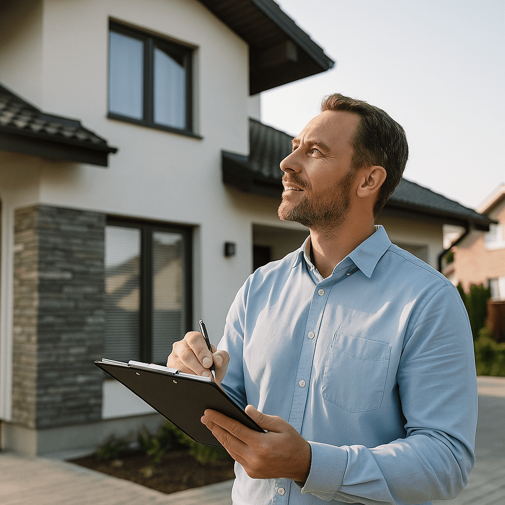 אריכות חיים של נכס - גבר עומד ליד בית עם קלסר בידו