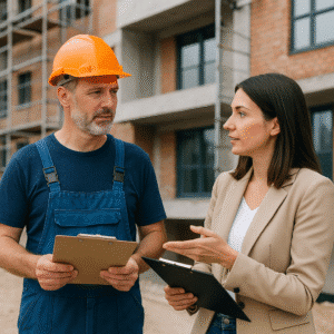 בחירת קבלן לעבודות חוץ בבניין - אישה וגבר שהוא פועל מדברים מחוץ לבניין.