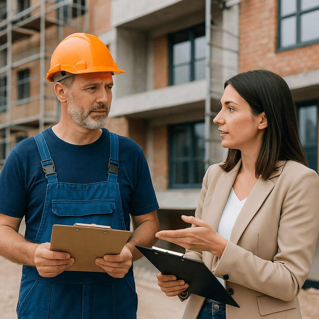 בחירת קבלן לעבודות חוץ בבניין - אישה וגבר שהוא פועל מדברים מחוץ לבניין.