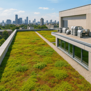 גג ירוק בבניין, עם דשא ונוף אורבני