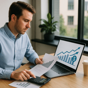 חישוב החזר השקעה בתחזוקה של מבנה - גבר יושב ליד לפטופ ומסמכים ומחשב במחשבון
