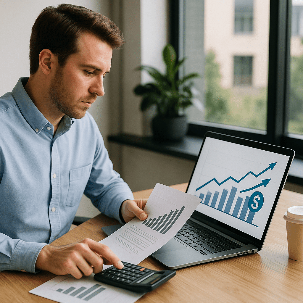 חישוב החזר השקעה בתחזוקה של מבנה - גבר יושב ליד לפטופ ומסמכים ומחשב במחשבון