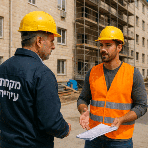 פקח עירייה מדבר עם פועל שיפוץ בניין