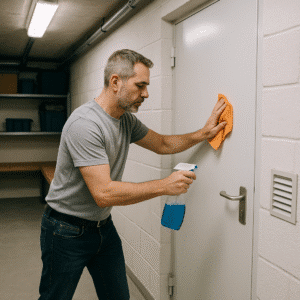 גבר מתחזק מקלט - מנקה עם מטלית וספריי דלת מתכת