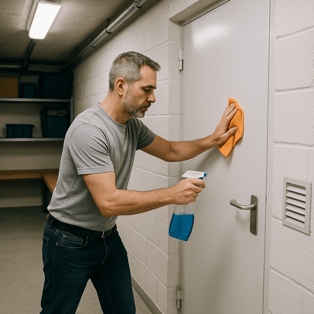 גבר מתחזק מקלט - מנקה עם מטלית וספריי דלת מתכת